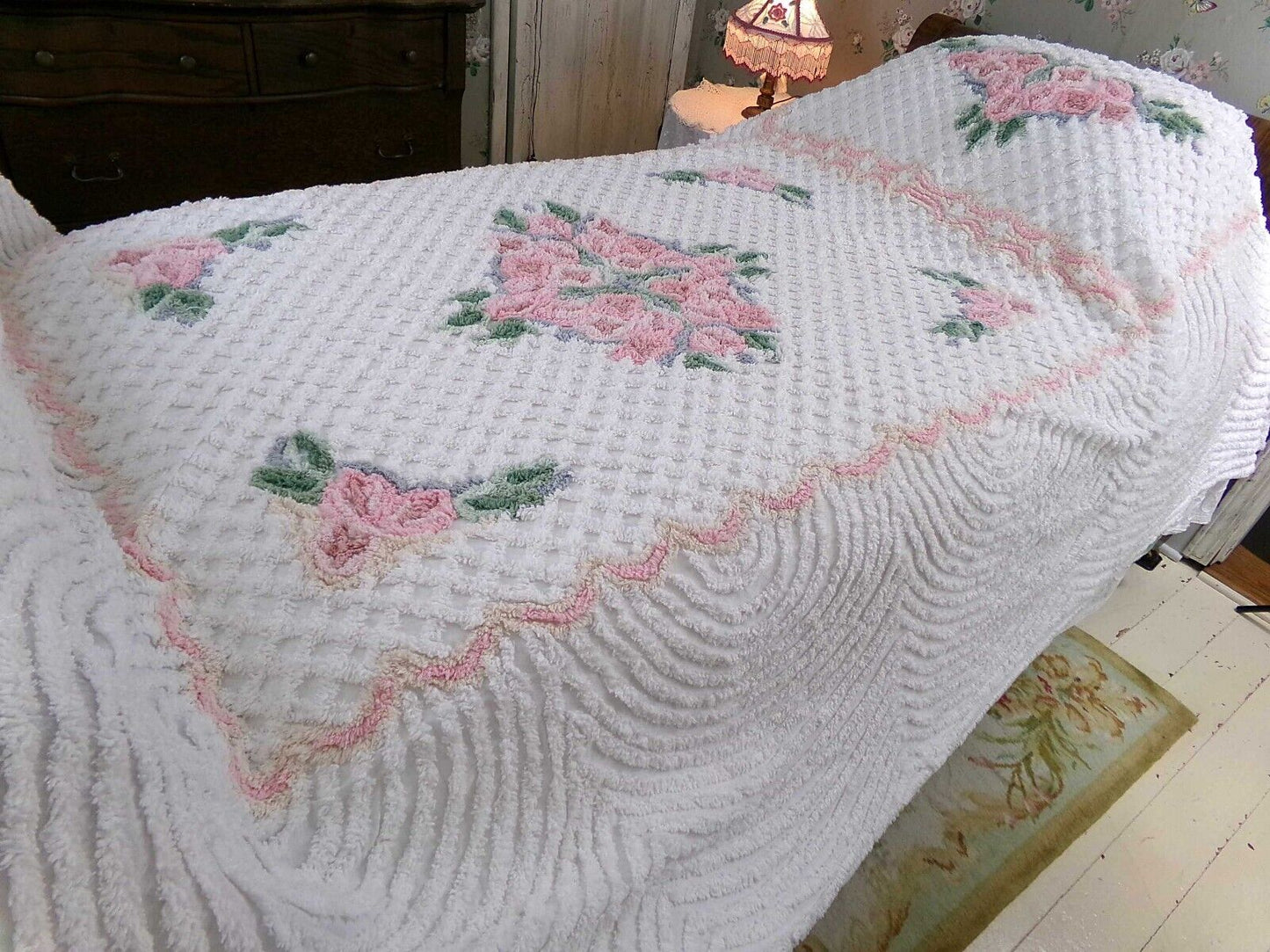 Plush Luxury Pink Rose Vintage White Chenille Bedspread, 100% Cotton, Twin Size