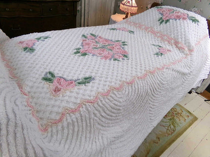 Plush Luxury Pink Rose Vintage White Chenille Bedspread, 100% Cotton, Twin Size