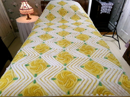 golden rose vintage chenille bedspread, plush pinwheel yellow cabbage rose design, full size cotton bedding