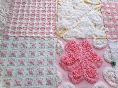 vintage chenille fabric squares, "spring sunrise" set of 16 floral 6" quilt blocks in yellow, pink & white