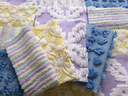 over the rainbow chenille fabric squares, set of 16 vintage quilt blocks 6" inches ea, dreamy serene blue, sunny yellow, soft lilac