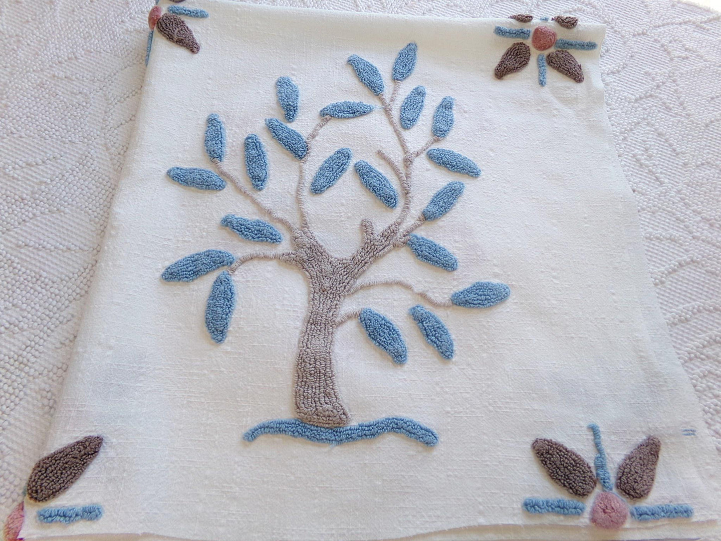 mystic roots vintage chenille fabric w/ 3D tufted earthy tree, floral & star design, 28" x 29" cut piece for wall hangings, fiber arts