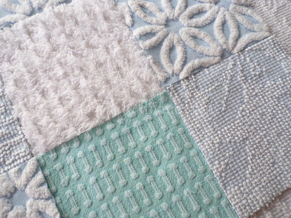 Barefoot on the Beach Chenille Quilt Squares Set from Vintage Bedspread Fabric, 16 Blocks, 6" x 6" inch, Coastal Blues & White