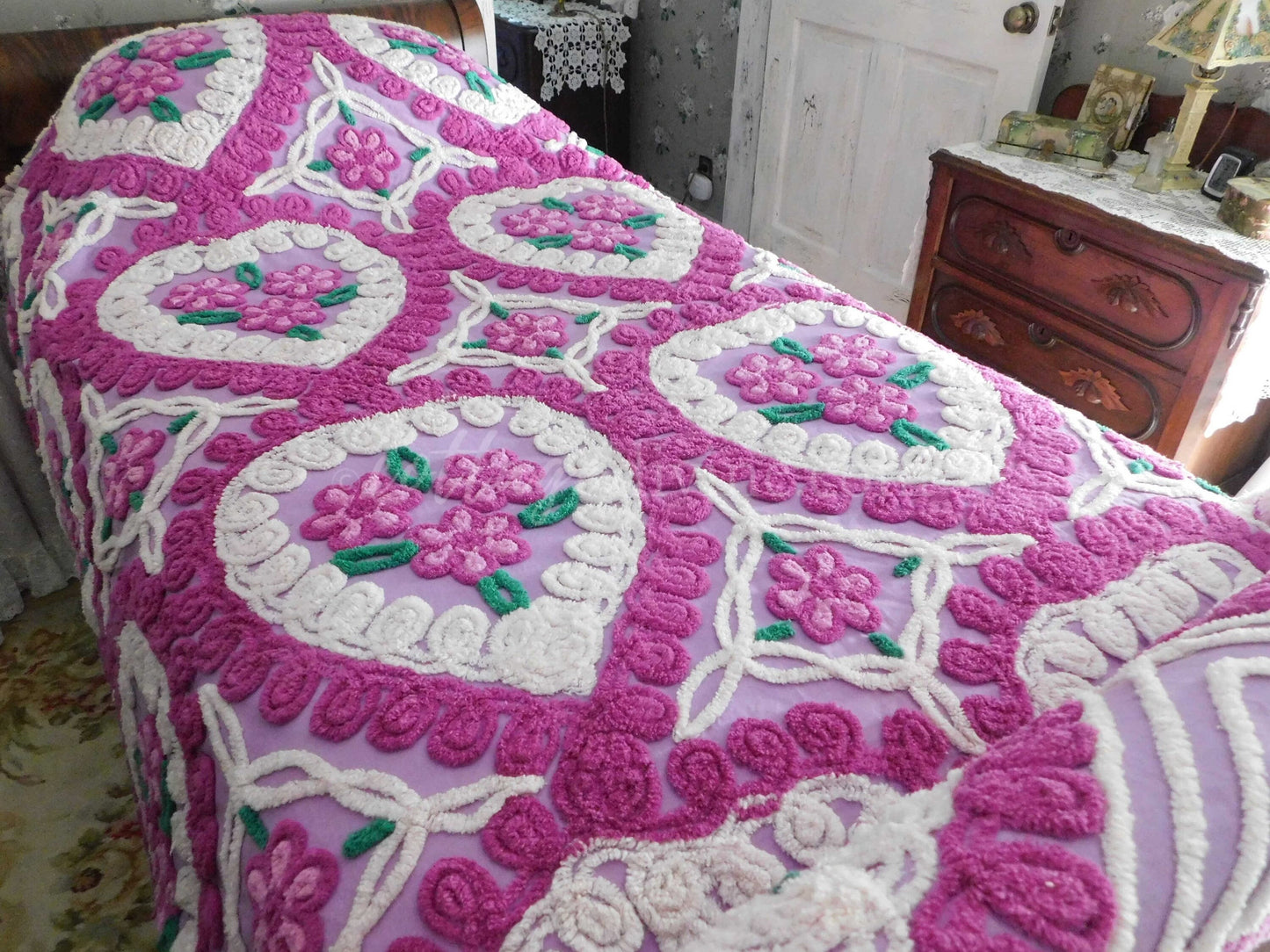 Vintage Chenille Bedspread, Lavender Hearts Hugging Flower Trios in Swirls of Fluffy Tufts, Full Size 1950s Midcentury Design, 100% Cotton