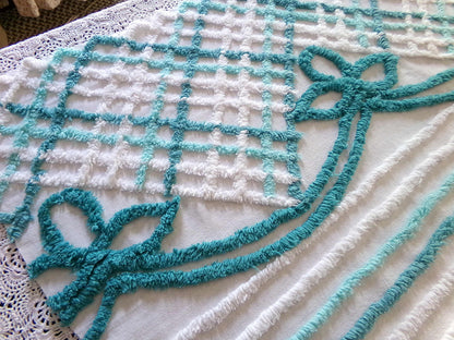Cute Green Bows Vintage Chenille Fabric, 22" x 28" inch Piece, 100% Cotton, Midcentury Tonal Teal & White
