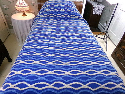blue flame vintage chenille bedspread, dramatic unique geometric design, full size cotton bedding