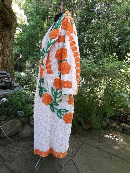 Plush & Warm Women's Chenille Robe, "Citrus Dreams" Bathrobe Upcycled from Vintage Chenille Bedspread Fabrics, Size L XL 1X