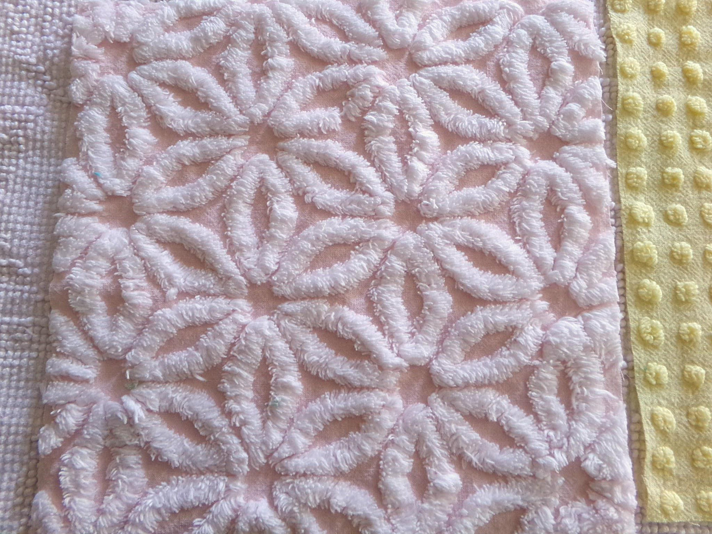 chenille fabric squares, set of 6 big 9.5" square quilt blocks from vintage chenille bedspreads, dainty daisy, pink rosebud, floral, dots