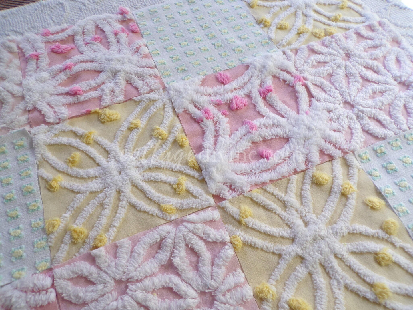 Spring Fling Chenille Quilt Squares Set from Vintage Bedspread Fabric, 16 Blocks, 6" x 6" inch