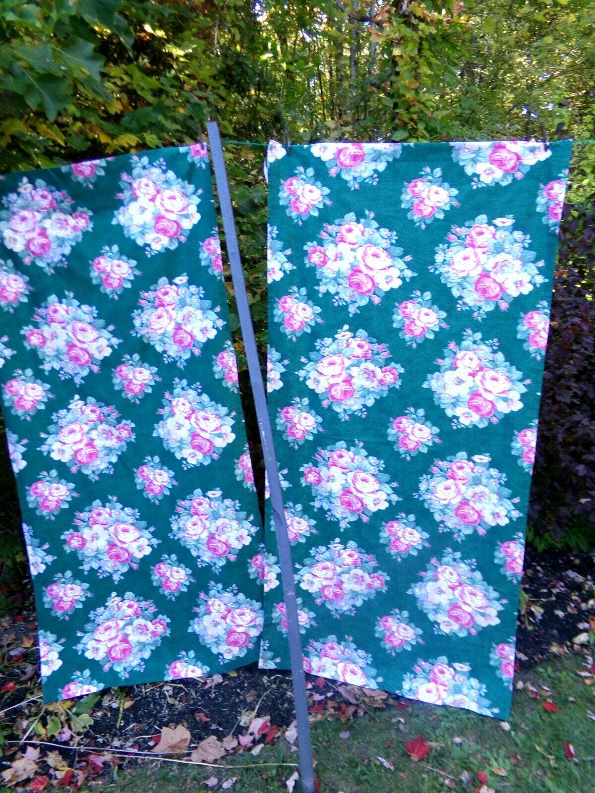 Ralph Lauren Hayley Floral Drapes Window Curtains, Pair of Vintage Green Panels
