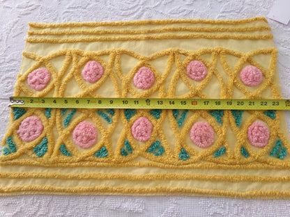 fairytale rose vintage chenille material, lovely quilt fabric, or for pillows, wall hangings, 15" x 23" piece, golden yellow & pink roses