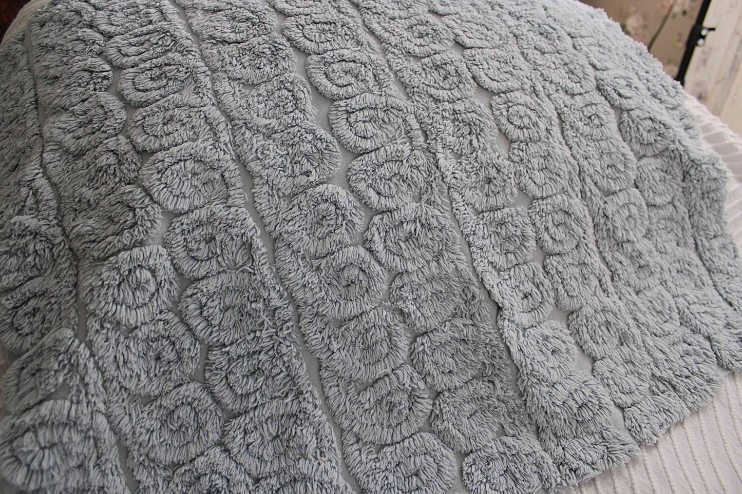 Plush Swirl Tuft Vintage Chenille Bedspread Quilt Fabric, 21" x 25" inch Piece; Stardust Blue Curlicues