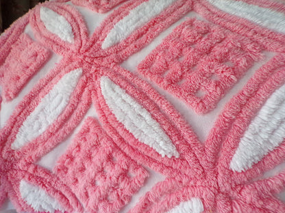 Super Plush Pink & White Chenille Fabric, 18" x 24"-inch Piece, Geometric Print, Vintage 100% Cotton