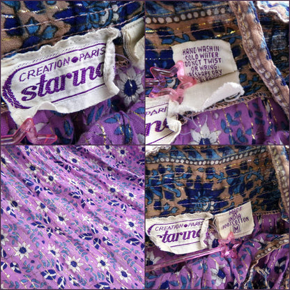 vintage Starina Creation Paris dress, rare 1970s boho peacock print, gold thread floral pattern, midi length gauze cotton India sundress, S