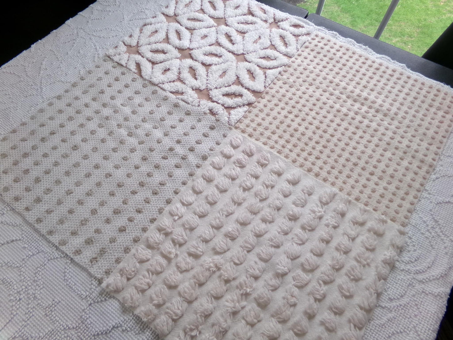 contemporary neutral chenille fabric squares, set of 4 texturized vintage large quilt blocks 12" inches ea, dots & daisies