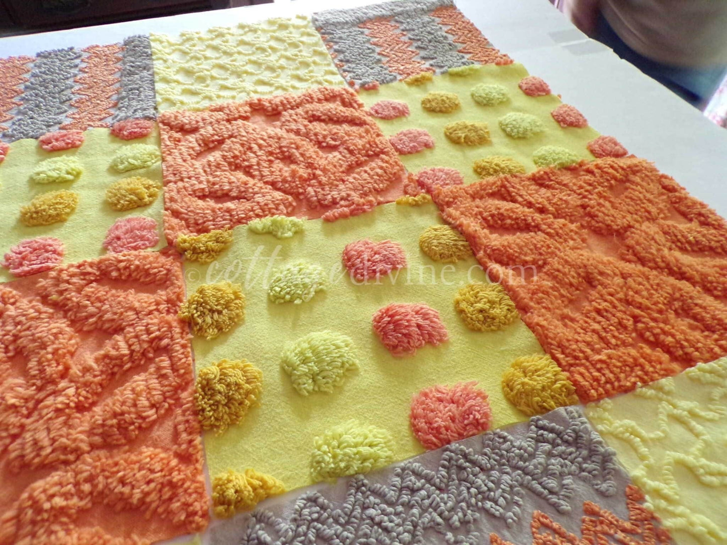Retro Hippie Quilt Squares Set, from Vintage Chenille Bedspread Fabric, 16 Blocks, 6" x 6" inch