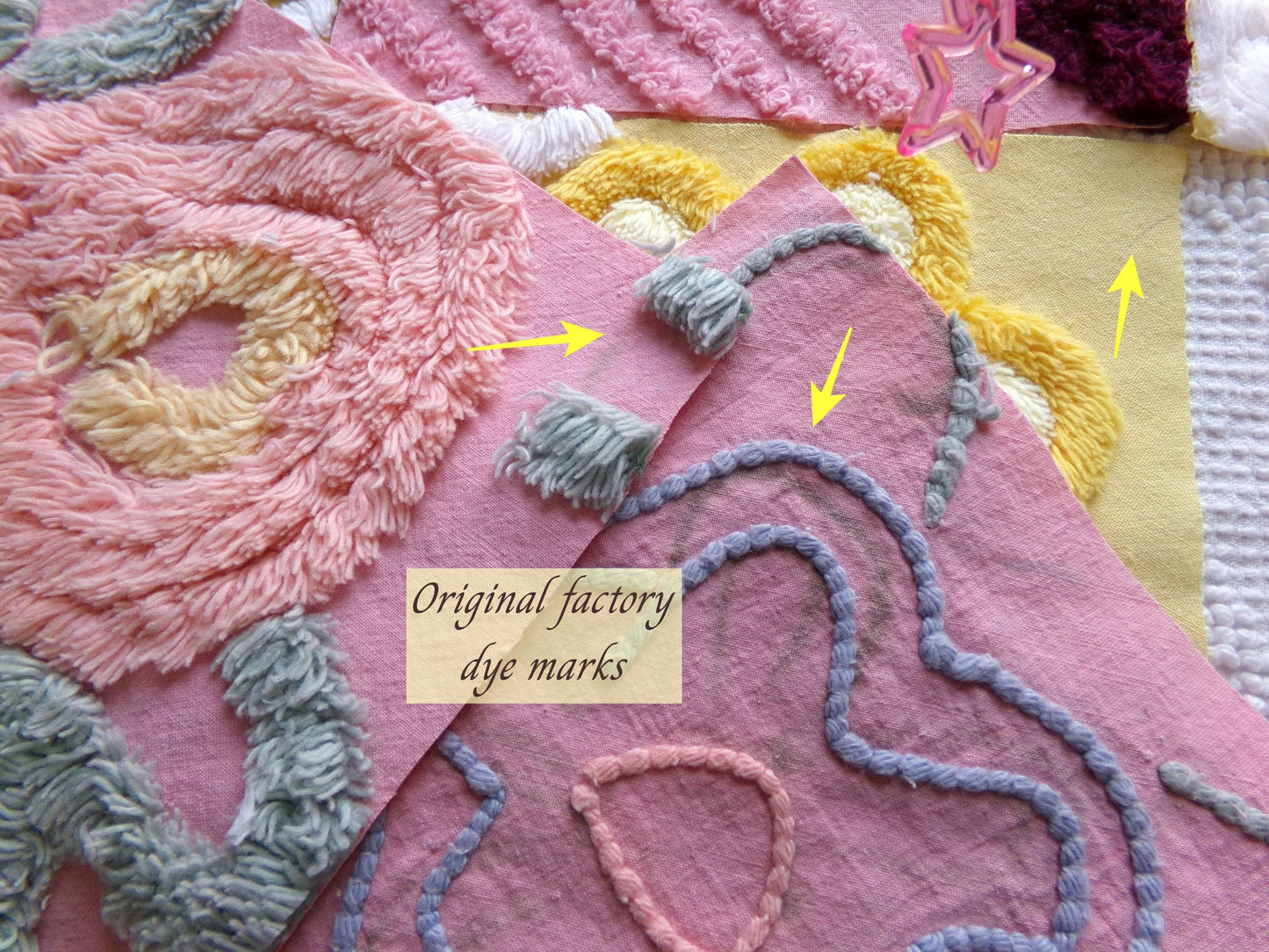 vintage chenille fabric squares, "buttercups & rose petals" set of 16 floral 6" quilt blocks in yellow flower, rose pink floral, gold daisy