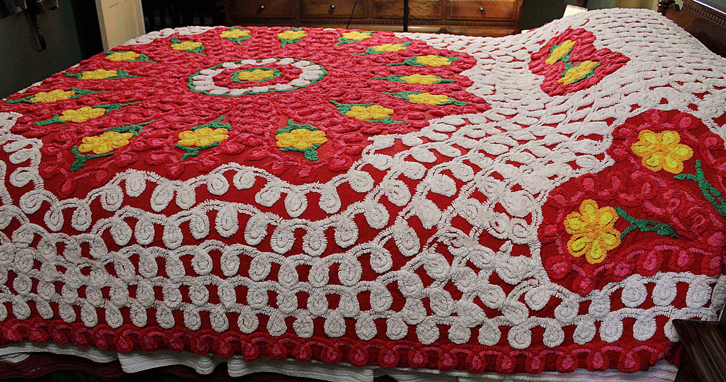 Flower Burst Chenille Bedspread, Vintage Midcentury Bedding in Sassy Bright Red with Hearts & Curlicues, FULL Size Bedding
