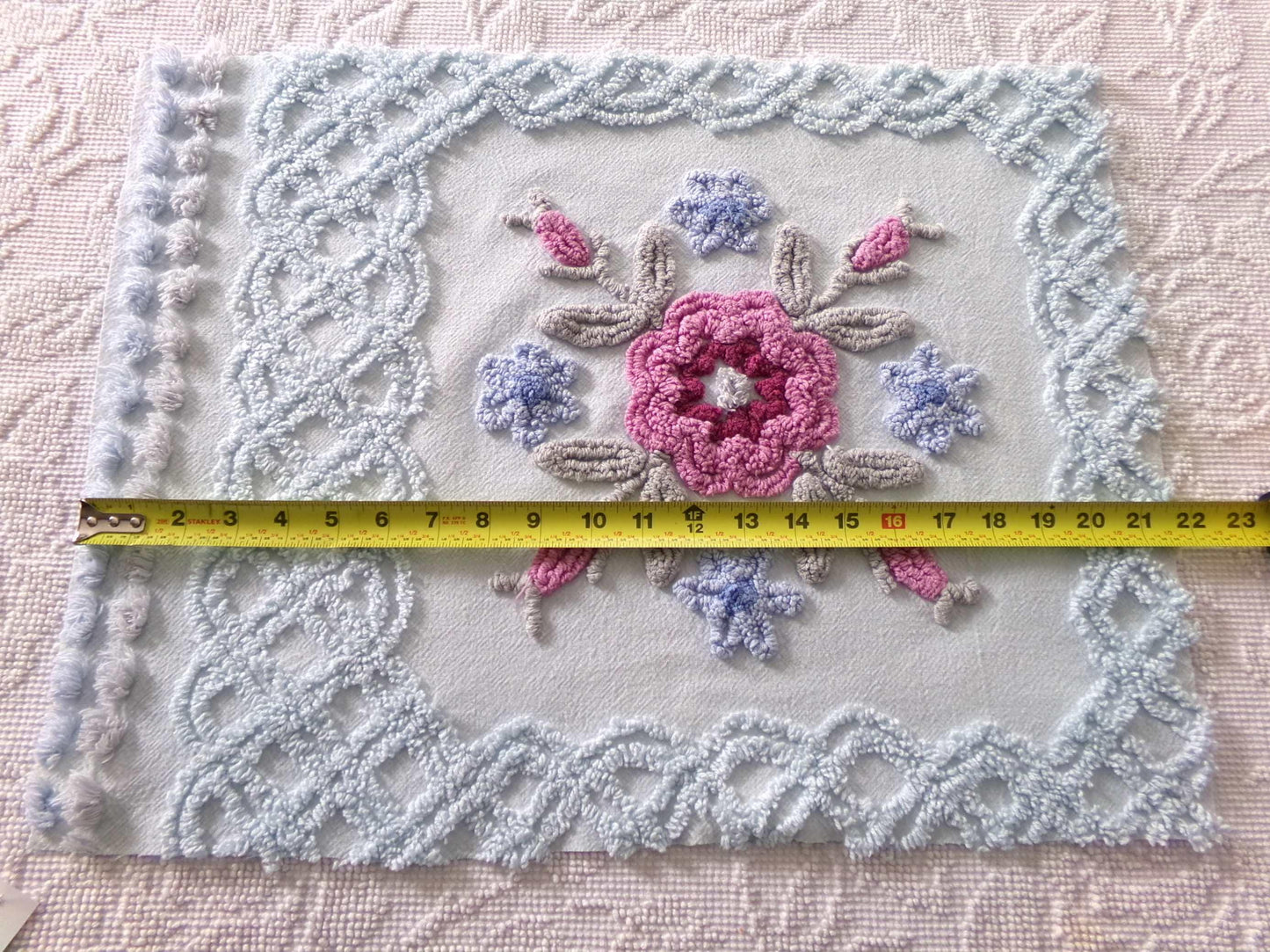 exquisite floral bloom chenille fabric, so pretty for pillow cover, 16" x 20.5" needletuft piece in ice blue with mauve pink flowers