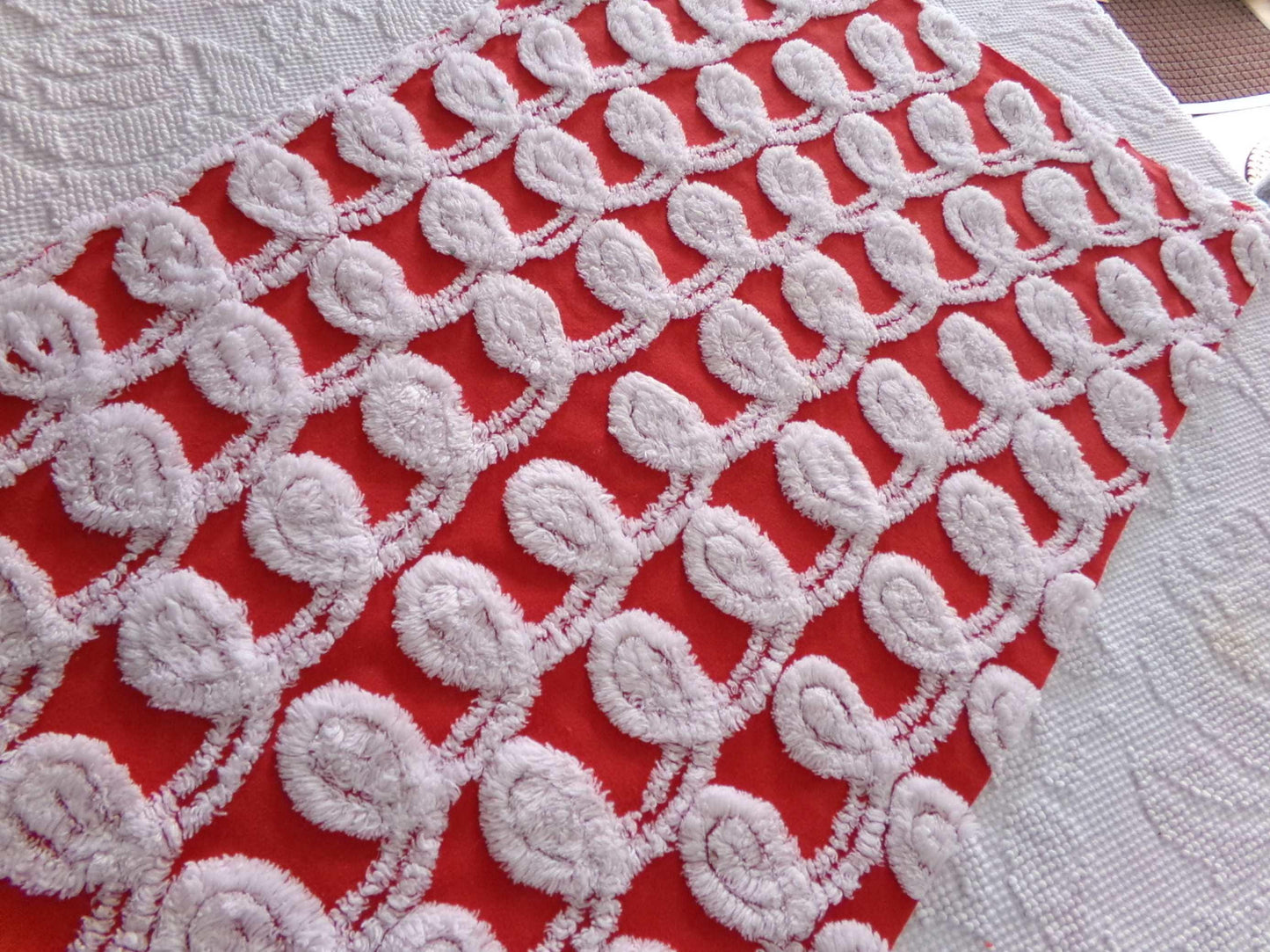 rare white curlicues on red fabric, 15" x 26" inch piece of vintage chenille bedspread material for sewing & quilting