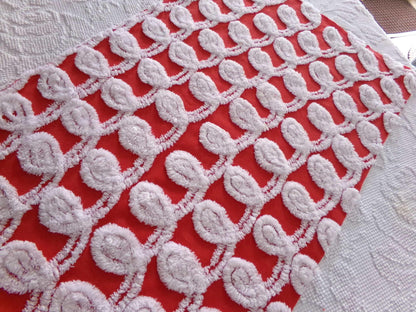 rare white curlicues on red fabric, 15" x 26" inch piece of vintage chenille bedspread material for sewing & quilting