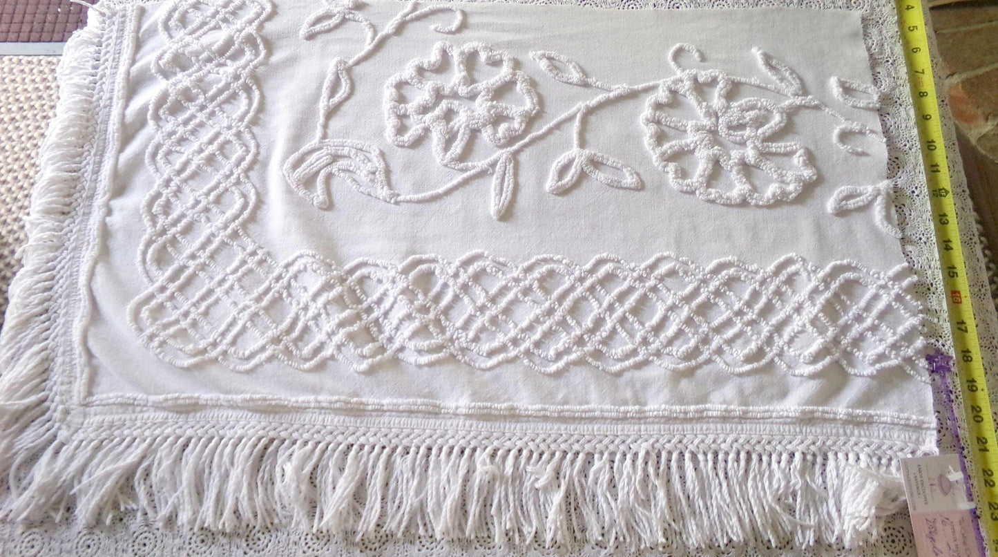 Farmhouse Style White Floral Chenille Fabric, Vintage 16" x 28" inch Piece, Great for Pillows & Quilting