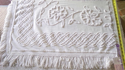 Farmhouse Style White Floral Chenille Fabric, Vintage 16" x 28" inch Piece, Great for Pillows & Quilting
