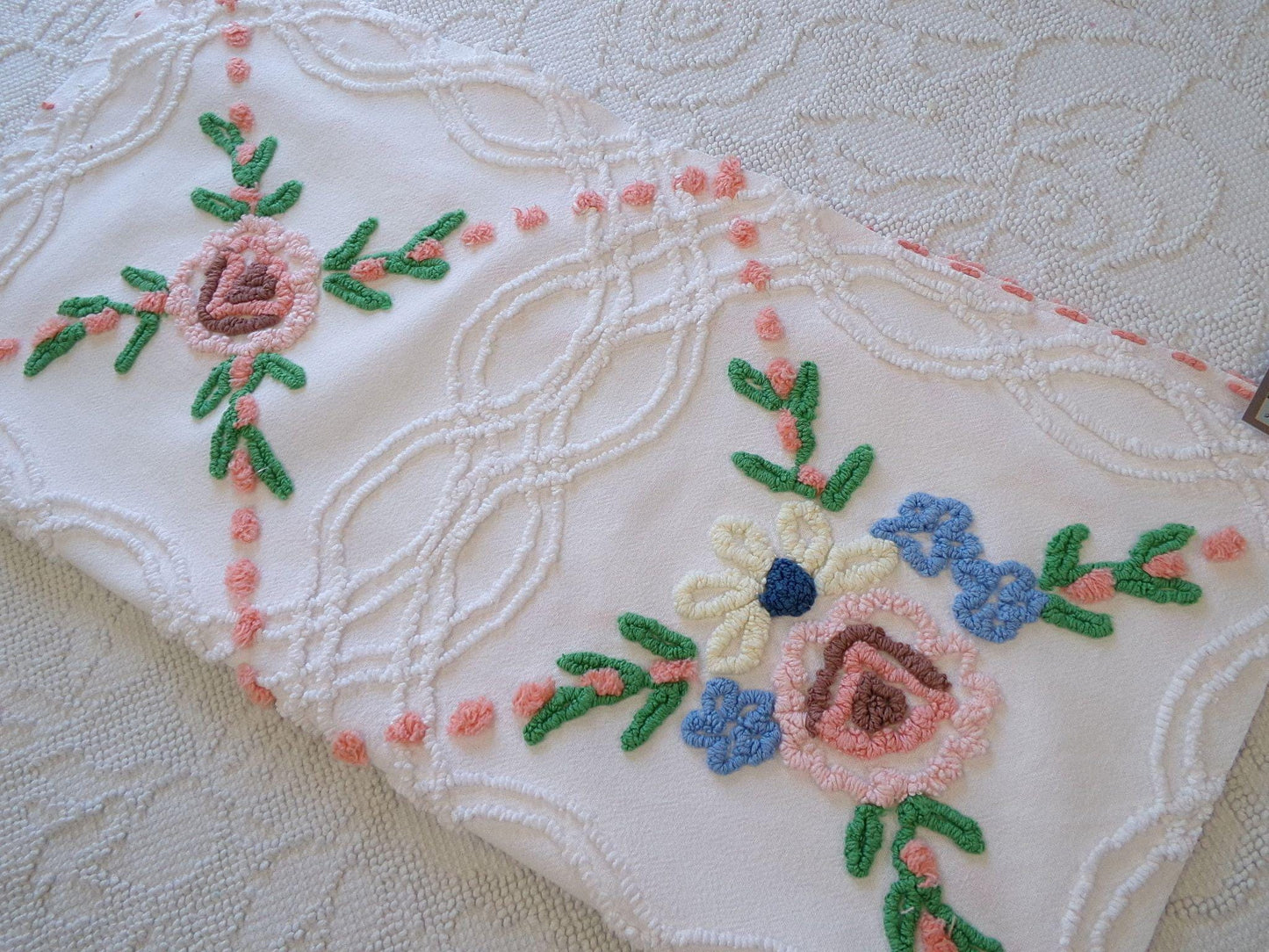 wildflower chenille fabric, vintage floral sewing material on white cotton with peach pops, 23" x 23" piece for handmade quilts & pillows