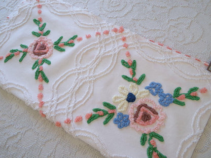wildflower chenille fabric, vintage floral sewing material on white cotton with peach pops, 23" x 23" piece for handmade quilts & pillows
