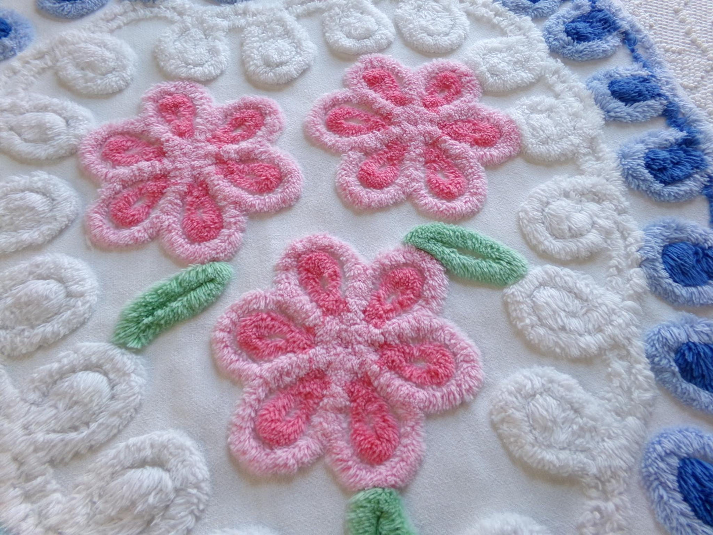 shabby pink & blue vintage chenille heart fabric, trio of roses with curlicue swirls, 18" x 22" piece of sewing material great for pillow