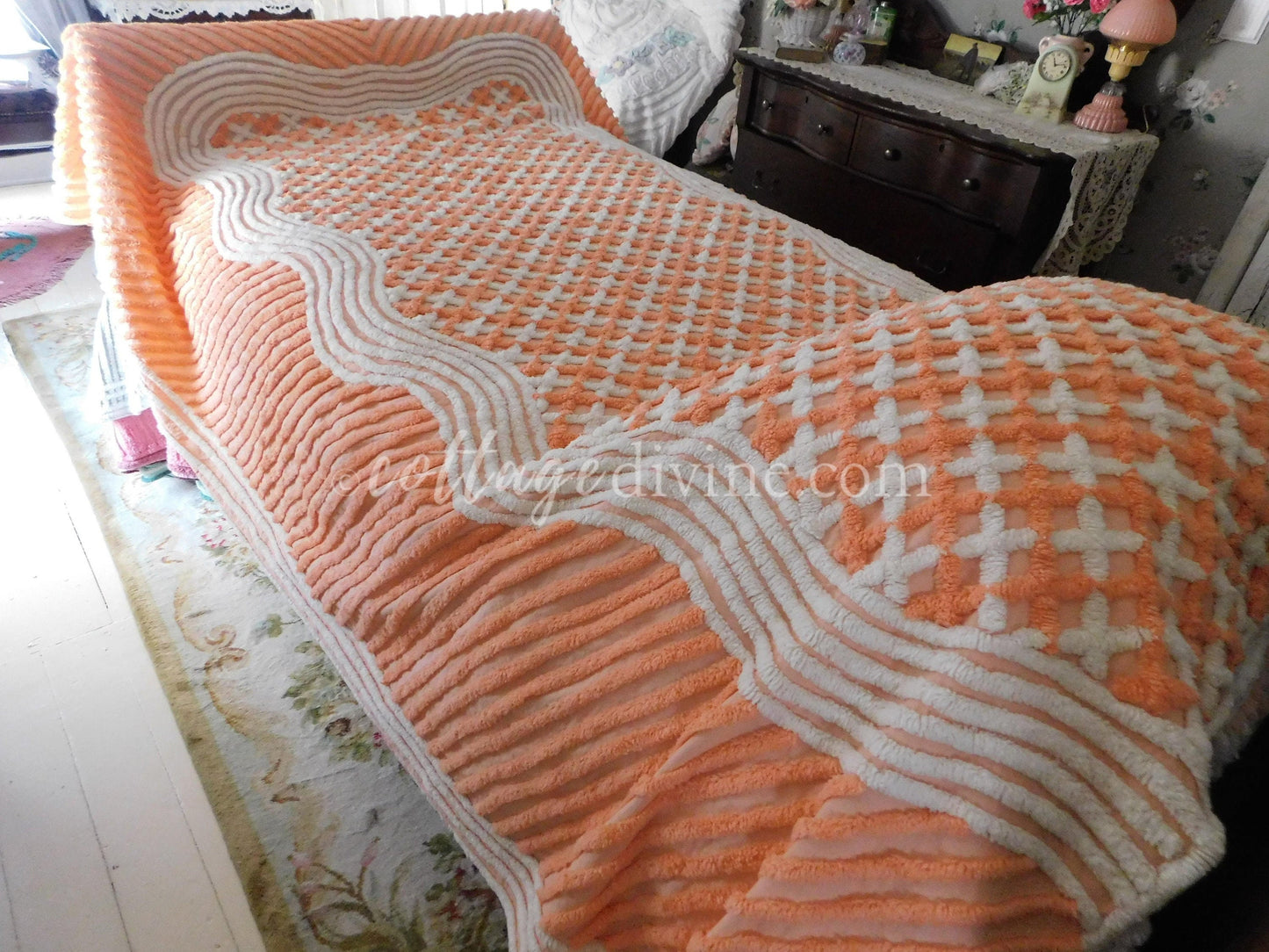 Delicious Peach Creamsicle Vintage Chenille Bedspread, 100% Plush Cotton, Twin Size