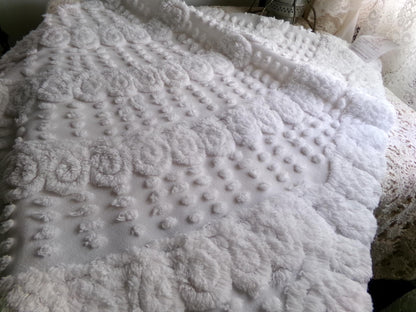 whisper white vintage chenille fabric, exquisite swirl dot design, 29" x 22" inch piece of plush cotton sewing material for quilts, crafts