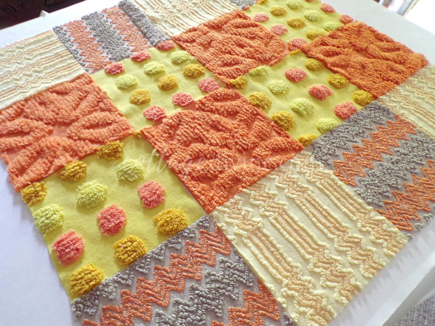 Quilt Squares Set, "Wild Lightning Zaps" from Vintage Chenille Bedspread Fabric, 16 Blocks, 6" x 6" inch