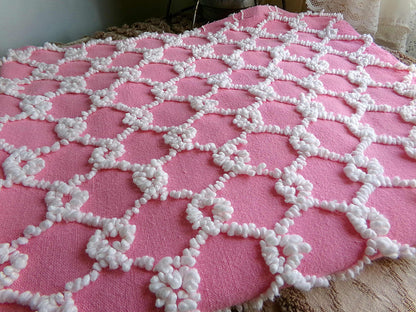Chain Link Pink & White Vintage Chenille Fabric, Bates Texturized Needletuft Design, 18" x 24" inch Lightweight Piece