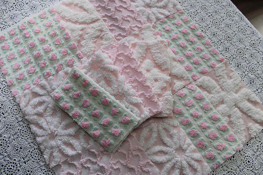 fairy pink chenille fabric squares, cottage rosebud & daisy, 16 vintage quilt blocks 6" x 6" inch, for patchwork pillows, quilting, crafts