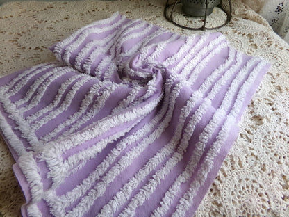 easter lilac chenille fabric, white tufted stripes on purple, 15.5" x 27" inch piece cut from vintage chenille bedspread