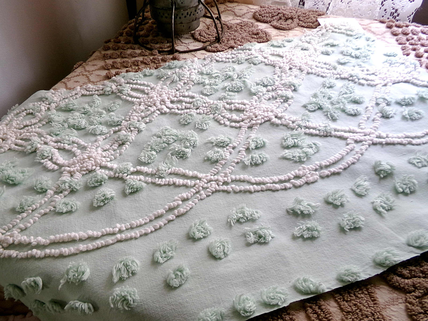 Creamy Mint Green Vintage Chenille Fabric, 20" x 13" inch Piece, White Wedding Ring & Dot Design, Great for Handmade Quilts, Crafts