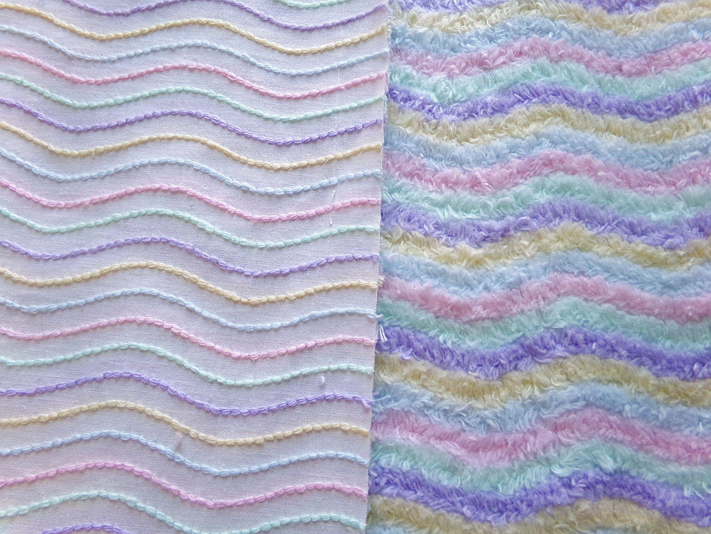Pastel Rainbow Striped Chenille Fabric, Vintage Lilac, Yellow, Mint Green, Sky Blue & Pink Ripple 18" x 24" piece, sewing quilt material