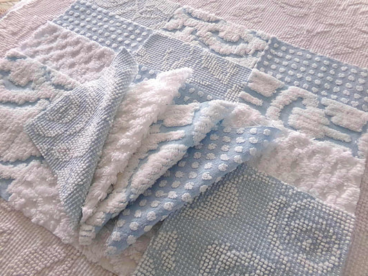 coastal vibes chenille fabric squares, cool blue & white dot, diamond geometric patterns, set of 16 vintage quilt blocks 6" each for sewing