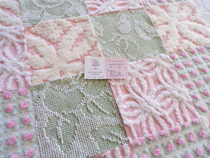 vintage 6" chenille fabric squares, set of 16 quilt blocks in rose bloom pink, sage green & white geometric and floral prints