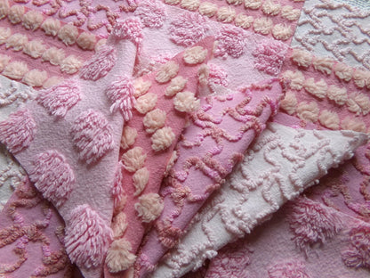 perky pinks chenille fabric squares, 16 vintage 6" quilt blocks in pops & squiggle texture, for sewing, crafts, fiber arts
