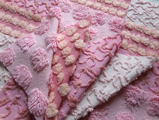 perky pinks chenille fabric squares, 16 vintage 6" quilt blocks in pops & squiggle texture, for sewing, crafts, fiber arts