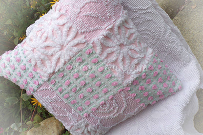 Cottage Fantasy Chenille Pillow Cover 16" x 16" inch Square, REVERSIBLE Patchwork Pink Accent Pillow from Vintage Chenille Bedspread Fabric