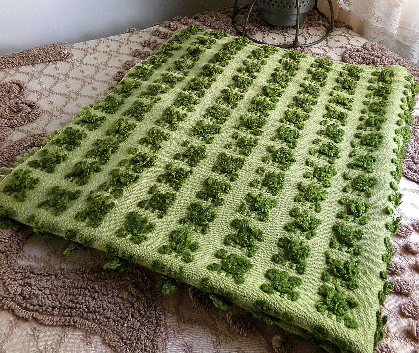 Hippie Chic Vintage Green Rosebud Chenille Fabric, 18" x 24" inch Piece, Boho Fabulous Tonal Roses