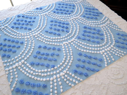 seashell pearls fabric, 20" x 24" inch piece cut from vintage chenille bedspread, beautiful blue & white scallop tufted design