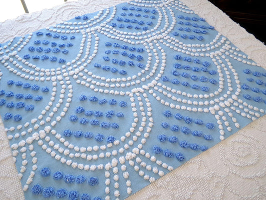 seashell pearls fabric, 20" x 24" inch piece cut from vintage chenille bedspread, beautiful blue & white scallop tufted design