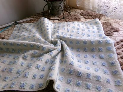 Miniature Blue Rosebuds Vintage Chenille Quilt Fabric, 12" x 29" inch Piece, Micro Roses on Lightweight Cotton