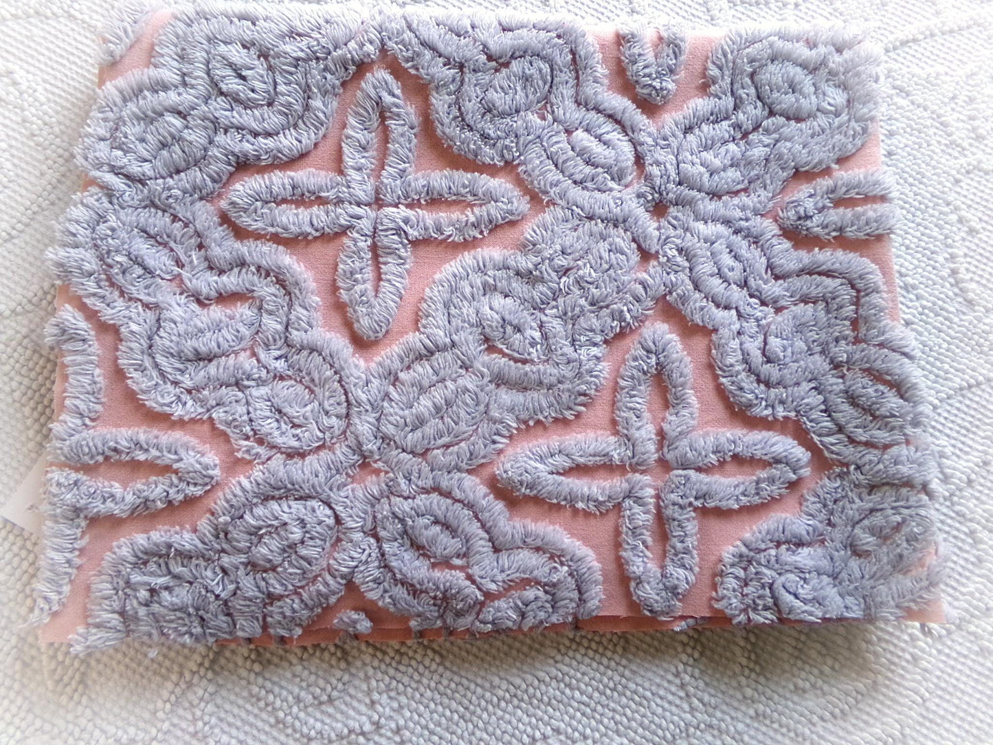 mystic star vintage chenille fabric, plush dusty blue on dreamy pink cotton, for quilting & crafts, 25" x 18" cut piece