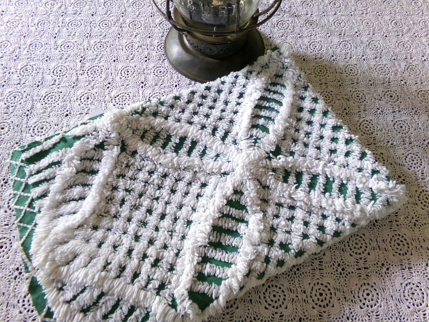 Plush Lush Green & White Vintage Chenille Fabric, 18" x 26" inch Piece, Wedding Ring Design for Christmas Crafts, Pillows, Quilts