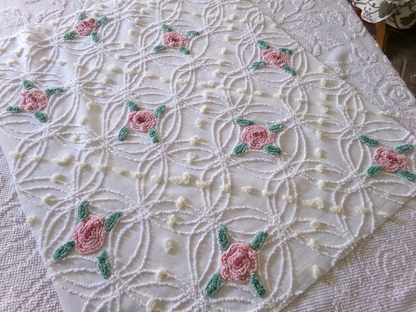 Shabby Cottage Rose Chenille Fabric, Vintage Thin Lightweight Cotton Sewing Material in Pink Florals on White, 21" x 26" inch Piece